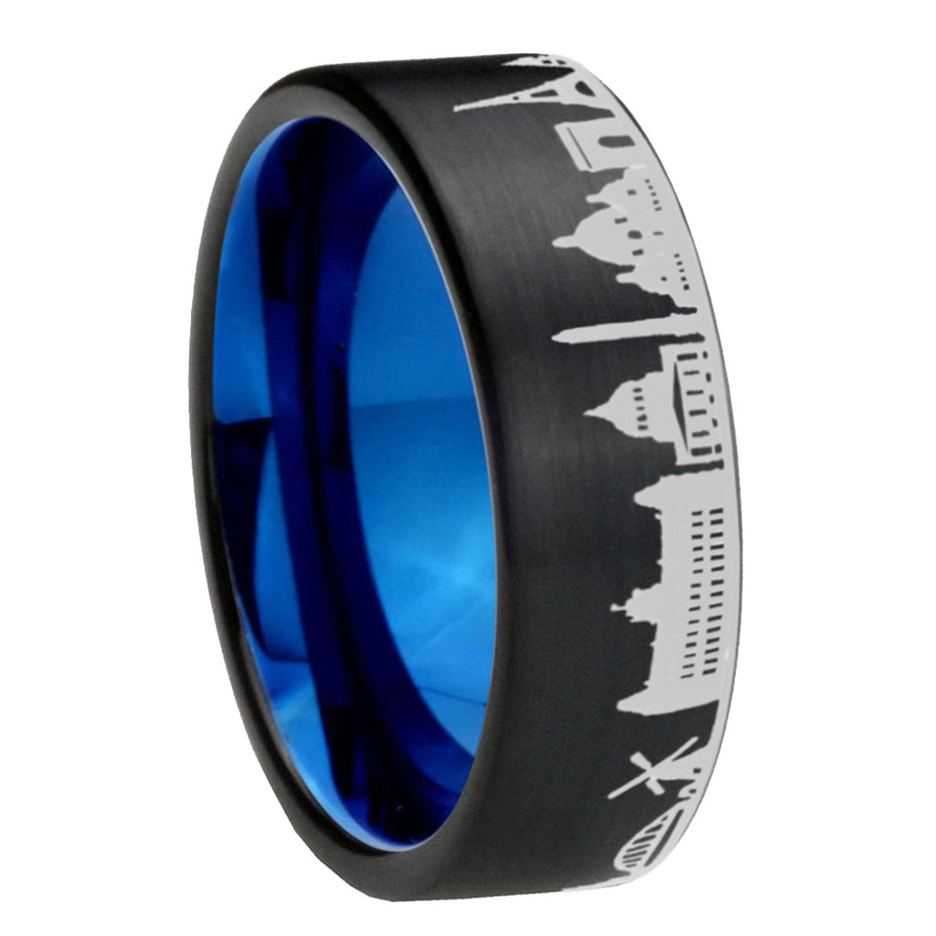 8MM France Paris City Pipe Cut Brushed Black Tungsten Blue Ring