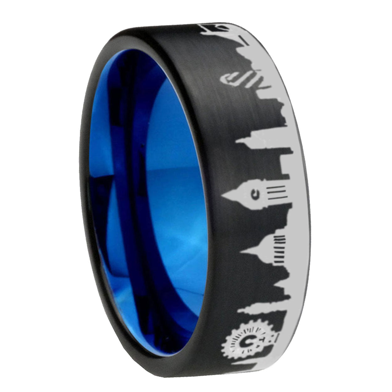 UK London City Pipe Cut Brushed Black Tungsten Blue Ring