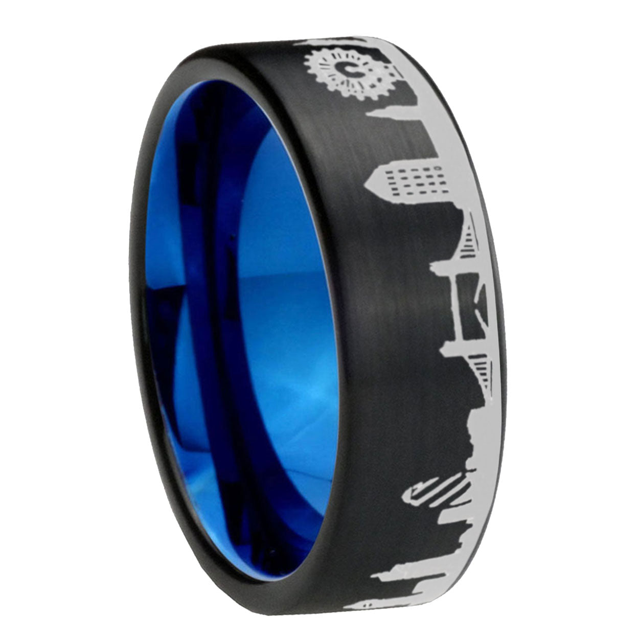 8MM UK London City Pipe Cut Brushed Black Tungsten Blue Ring