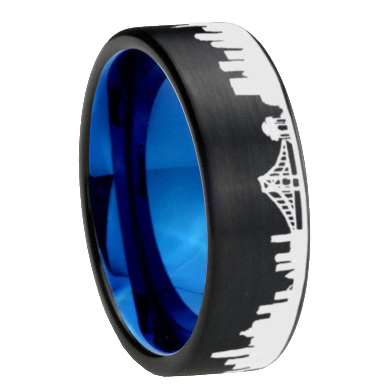 CA San Francisco City Pipe Cut Brushed Black Tungsten Blue Ring