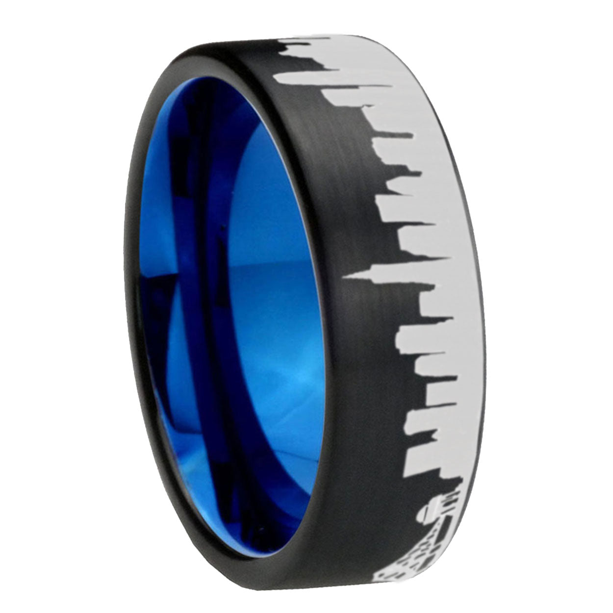 8MM CA San Francisco City Pipe Cut Brushed Black Tungsten Blue Ring