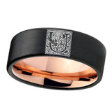 8mm-Pipe-Cut-Black-and-Rose-Gold-Tungsten-Floral-Initial-Letter-U,-Monogram-Wedding-Bands