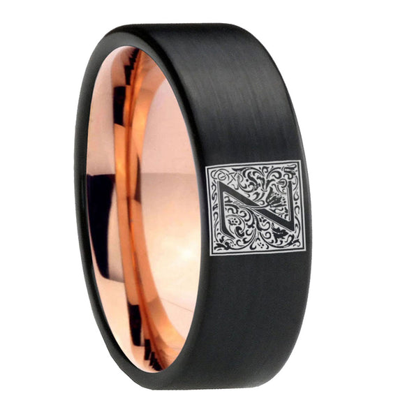 8mm-Pipe-Cut-Black-and-Rose-Gold-Tungsten-Floral-Initial-Letter-Z,-Monogram-Wedding-Bands