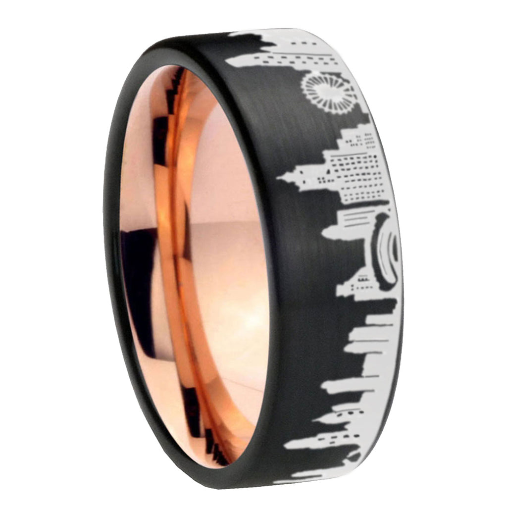 Chicago City Pipe Cut Brushed Black Tungsten Rose Gold Ring