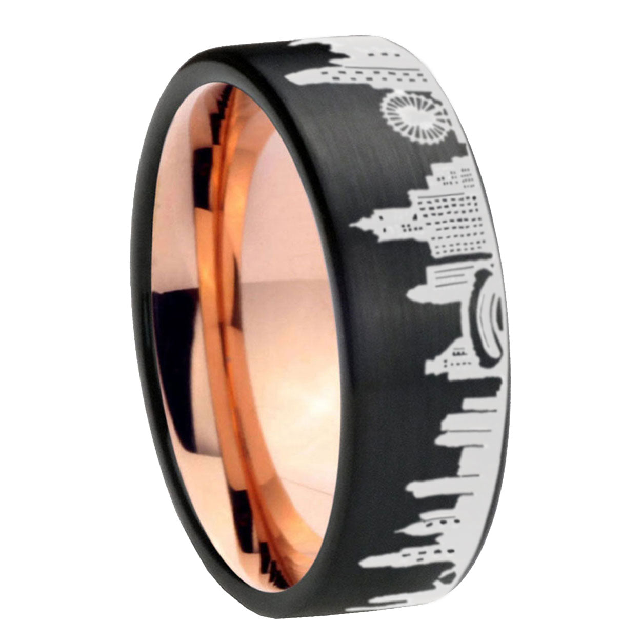 Chicago City Pipe Cut Brushed Black Tungsten Rose Gold Ring