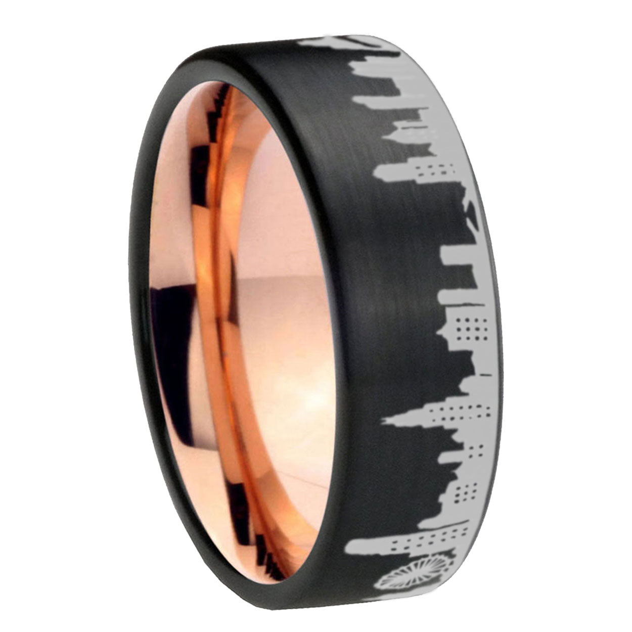 8MM Chicago City Pipe Cut Brushed Black Tungsten Rose Gold Ring