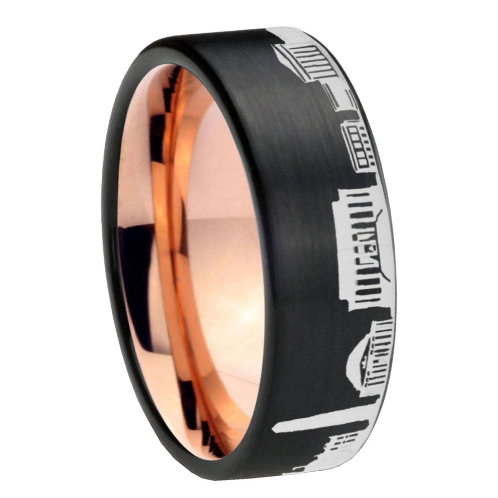 8MM DC Washington City Pipe Cut Black Tungsten Rose Gold Ring