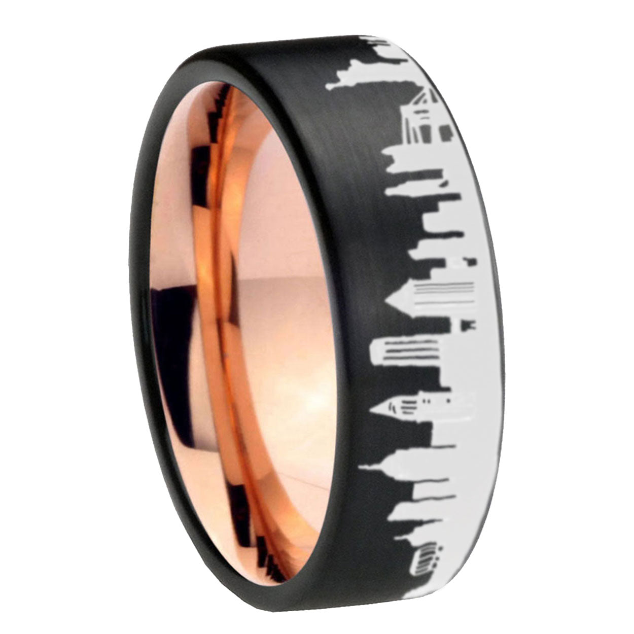 NY New York City Pipe Cut Brushed Black Tungsten Rose Gold Ring