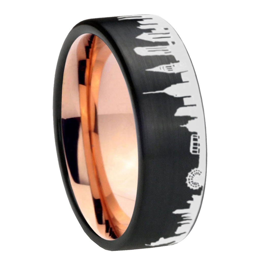 8MM NY New York City Pipe Cut Brushed Black Tungsten Rose Gold Ring