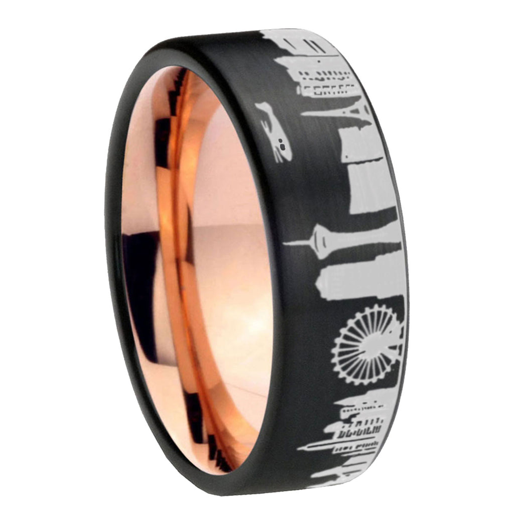 LA Las Vegas City Pipe Cut Brushed Black Tungsten Rose Gold Ring