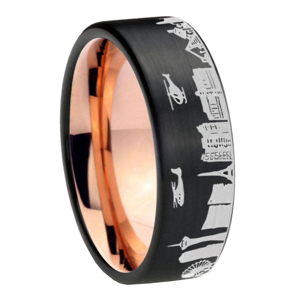 8MM LA Las Vegas City Pipe Cut Brushed Black Tungsten Rose Gold Ring