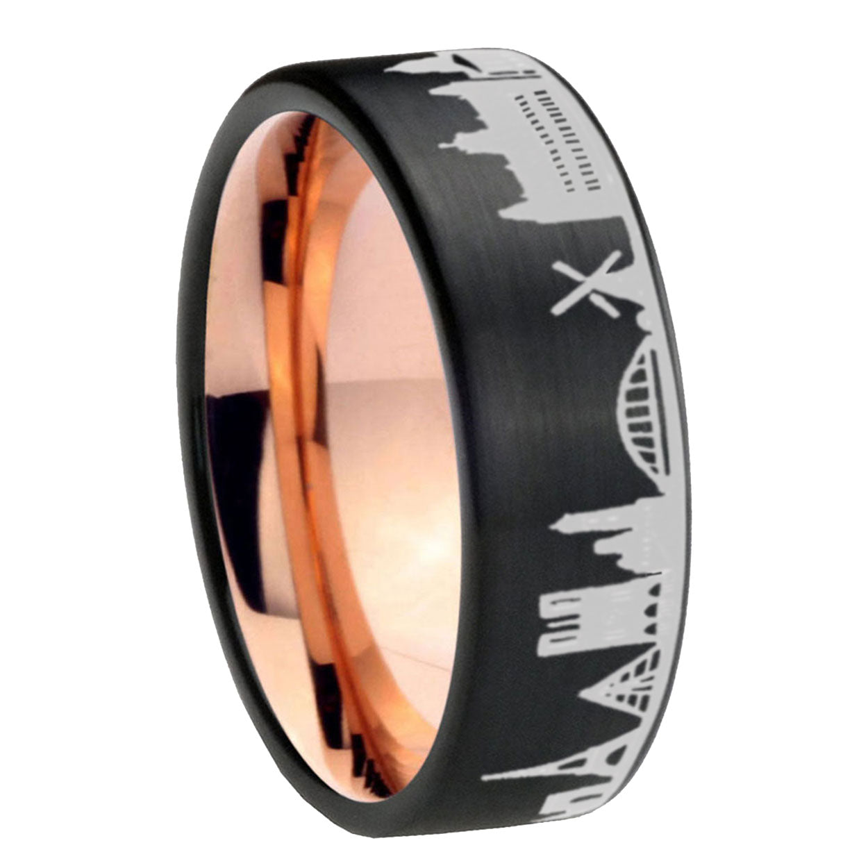 France Paris City Pipe Cut Brushed Black Tungsten Rose Gold Ring