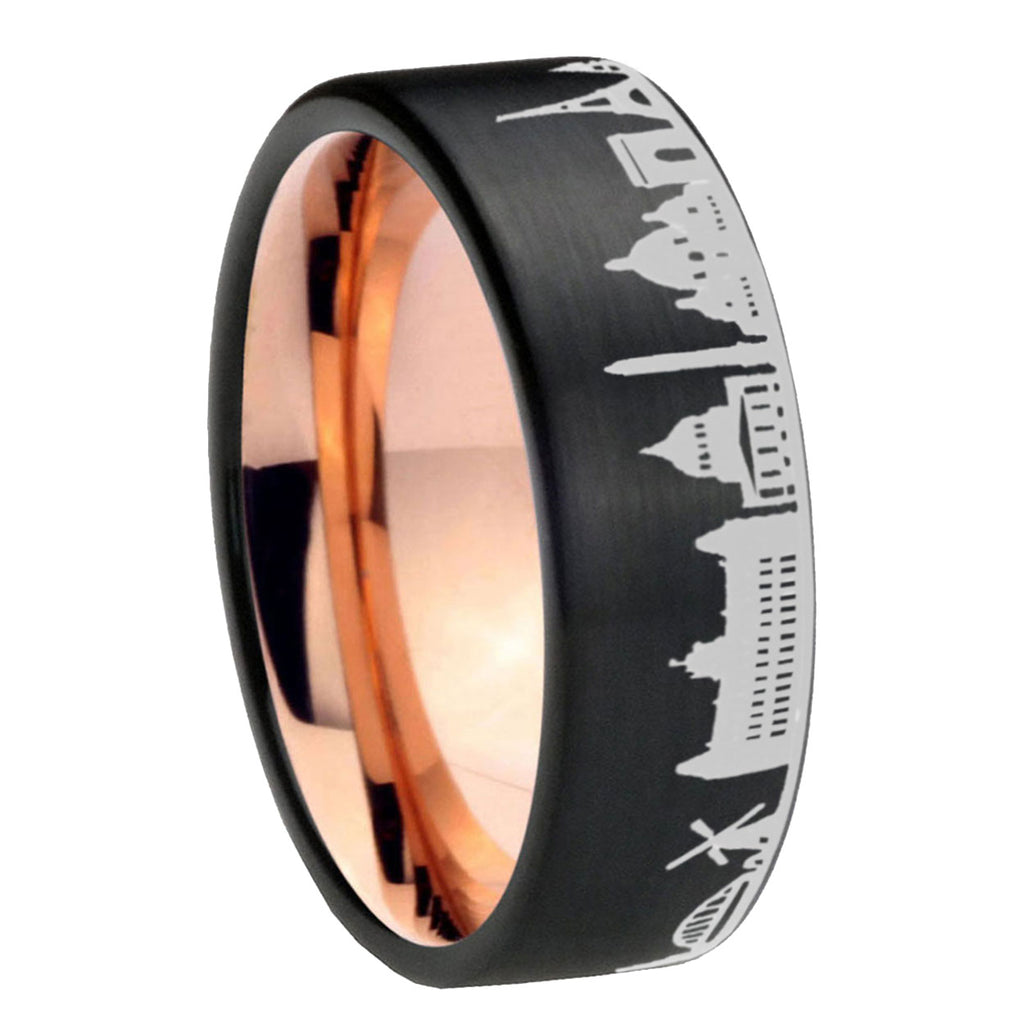 8MM France Paris City Pipe Cut Brushed Black Tungsten Rose Gold Ring