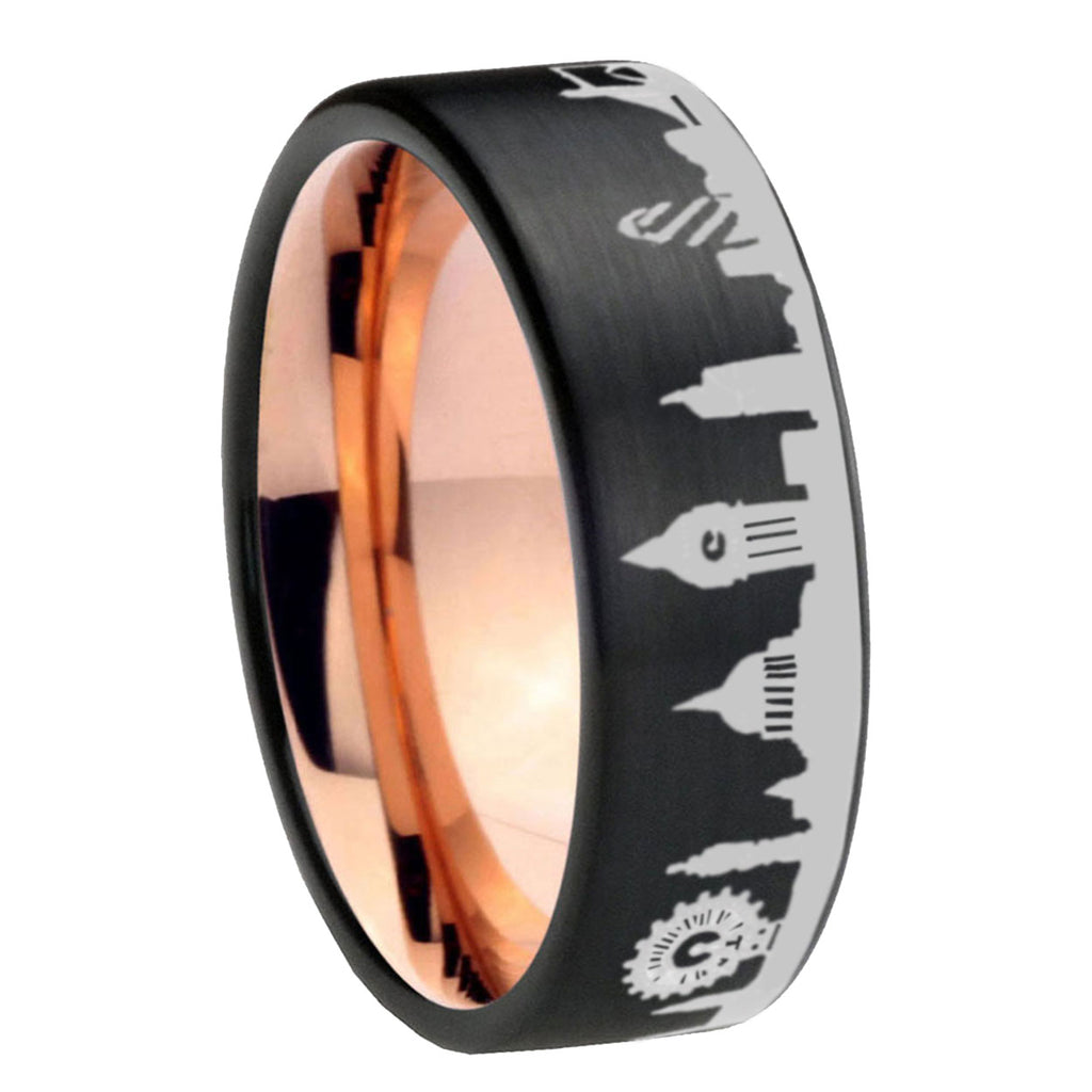 UK London City Pipe Cut Brushed Black Tungsten Rose Gold Ring