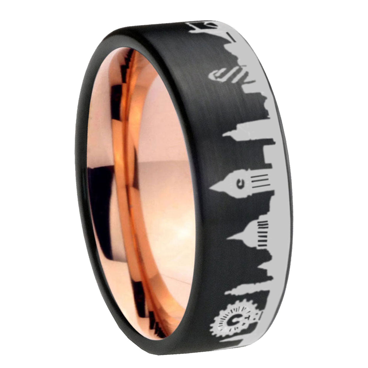 UK London City Pipe Cut Brushed Black Tungsten Rose Gold Ring