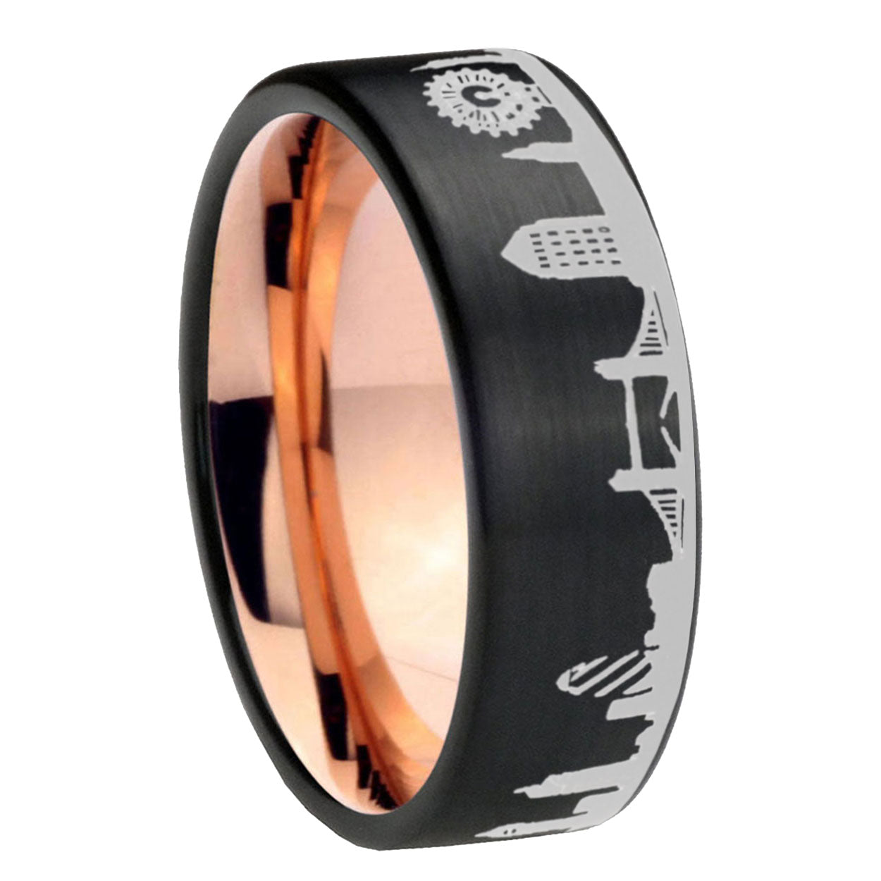 8MM UK London City Pipe Cut Brushed Black Tungsten Rose Gold Ring