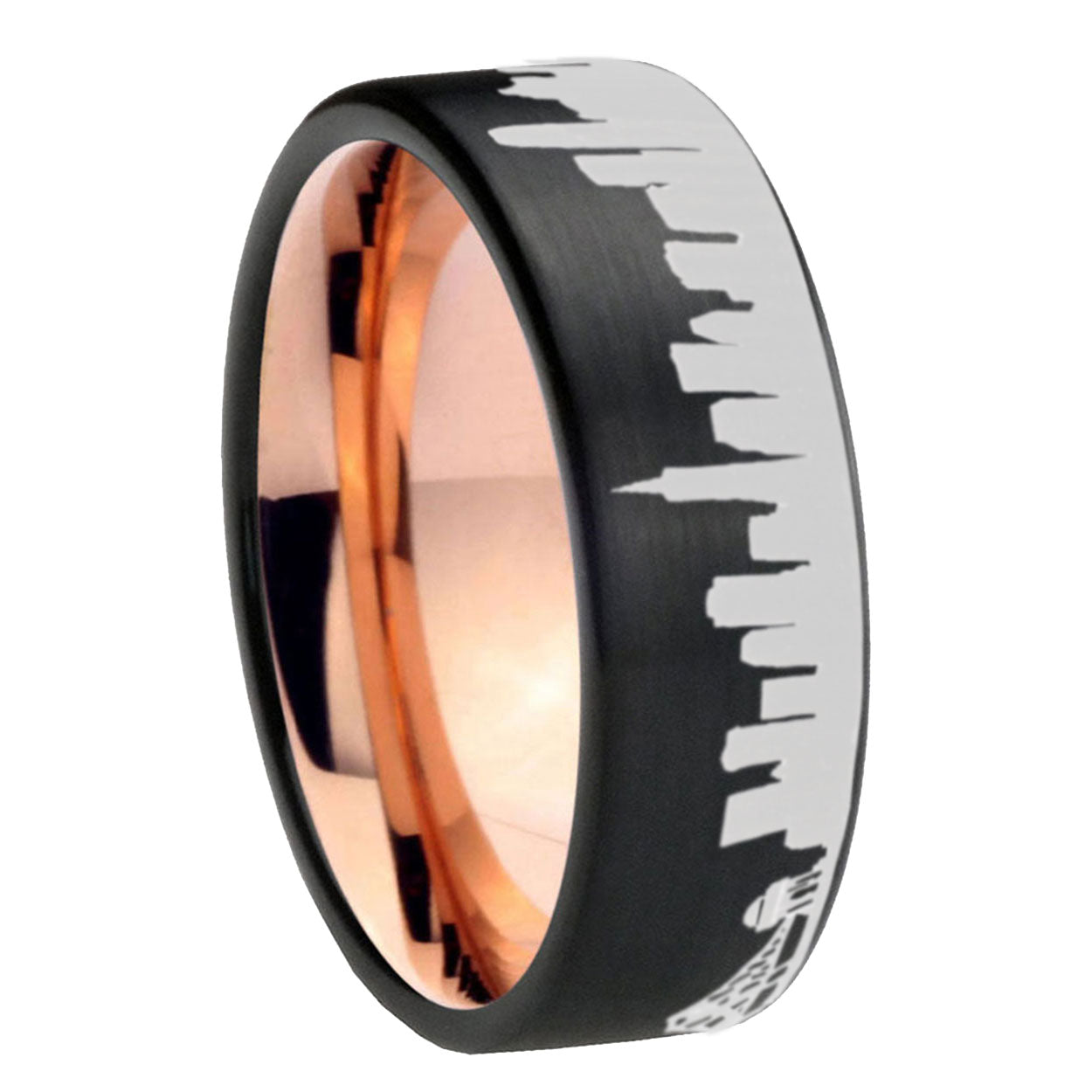 8MM CA San Francisco City Pipe Cut Black Tungsten Rose Gold Ring