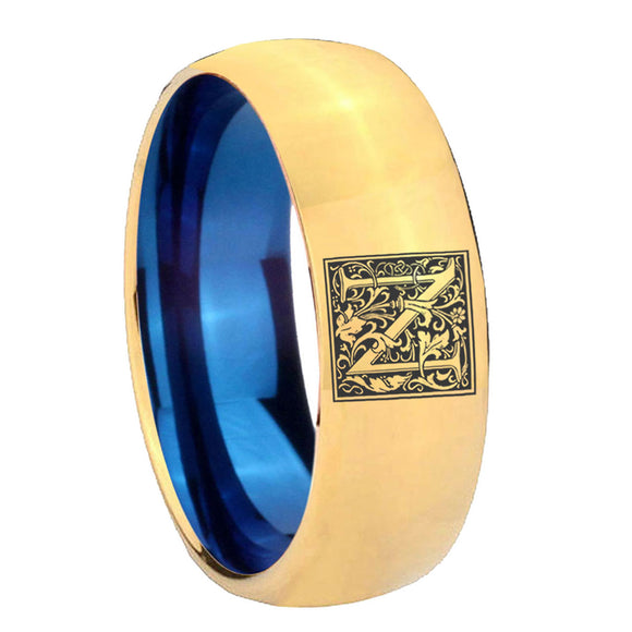 8mm-Dome-Gold-and-Blue-Tungsten-Floral-Initial-Letter-N,-Monogram-Engraved-Ring