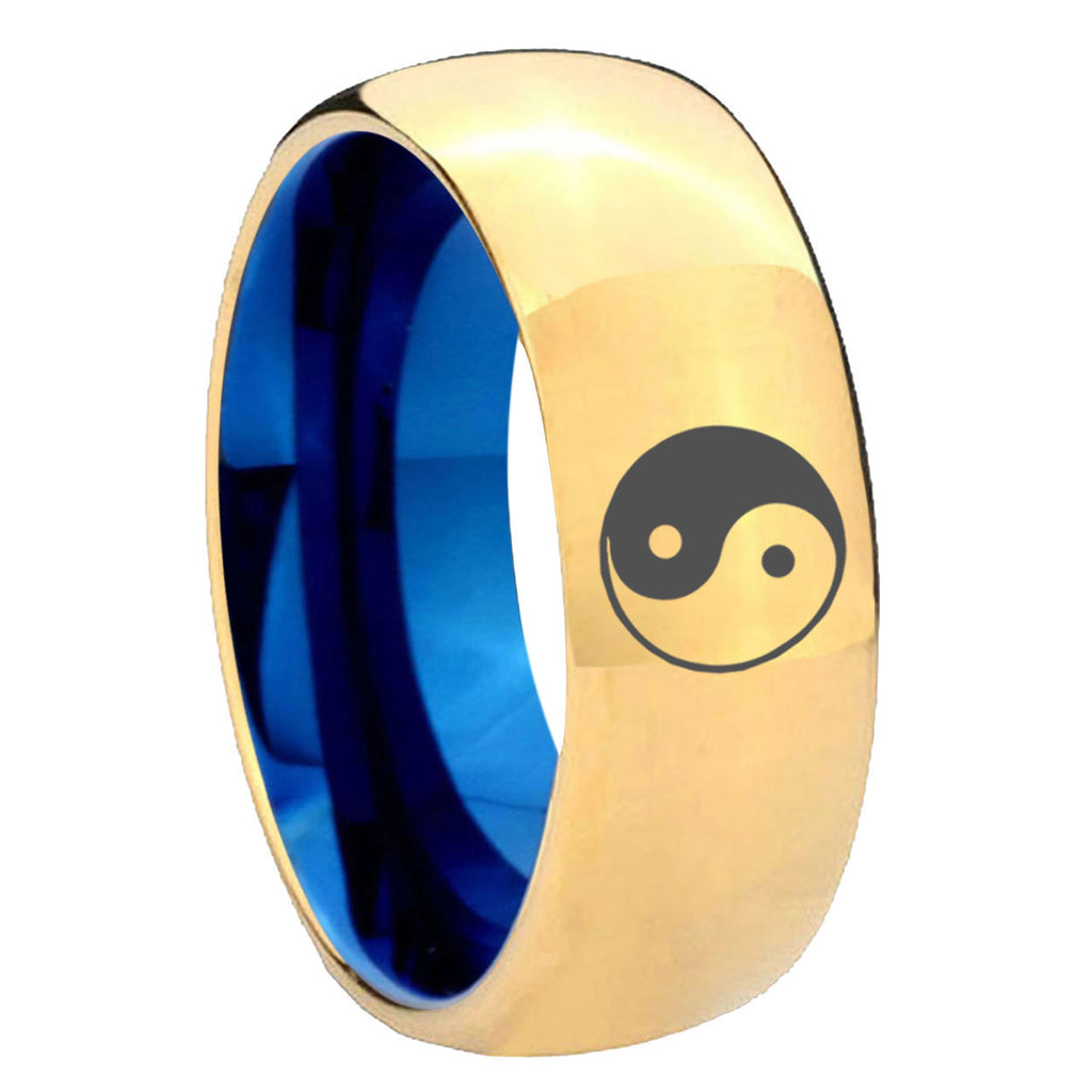 8mm Yin Yang Dome Gold Blue Tungsten Carbide Wedding Ring