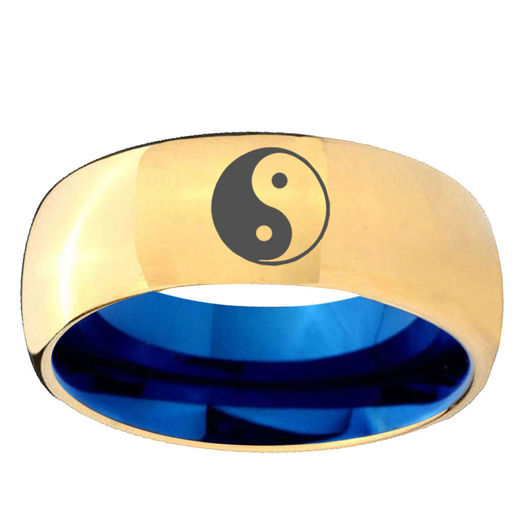 Yin Yang Dome Gold Blue Tungsten Carbide Wedding Ring