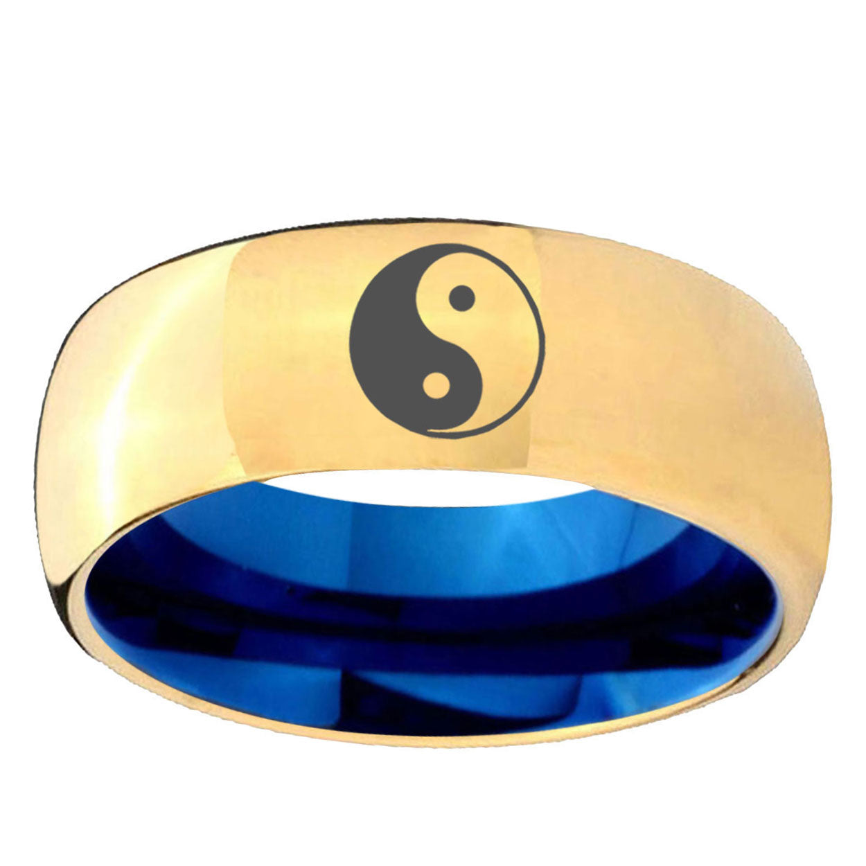 Yin Yang Dome Gold Blue Tungsten Carbide Wedding Ring