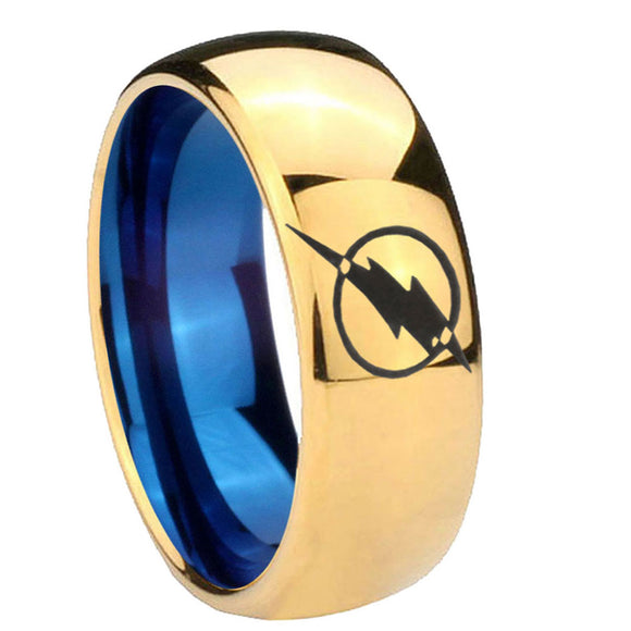 8mm Flash Dome Blue Gold Mens Comfort Wedding Band
