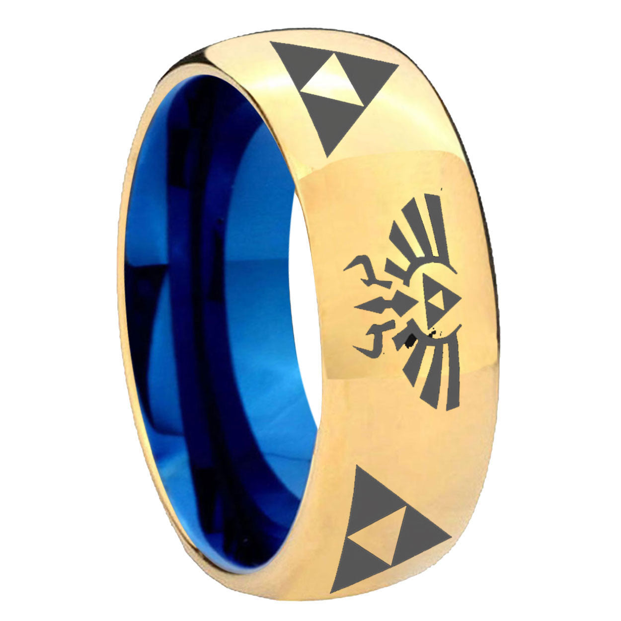 8mm Legend Triforce Zelda Dome Gold Blue Tungsten Wedding Ring