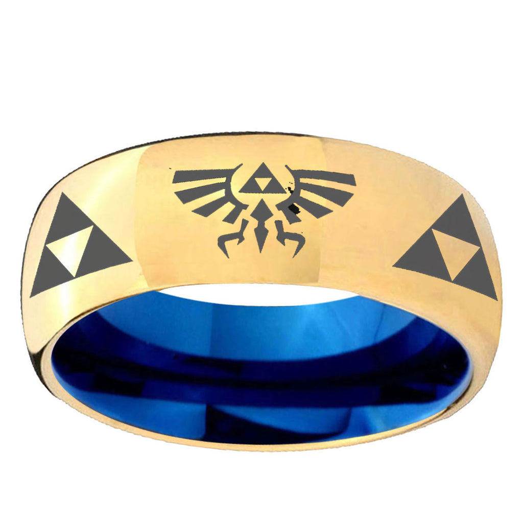 Legend Triforce Zelda Dome Gold Blue Tungsten Wedding Ring