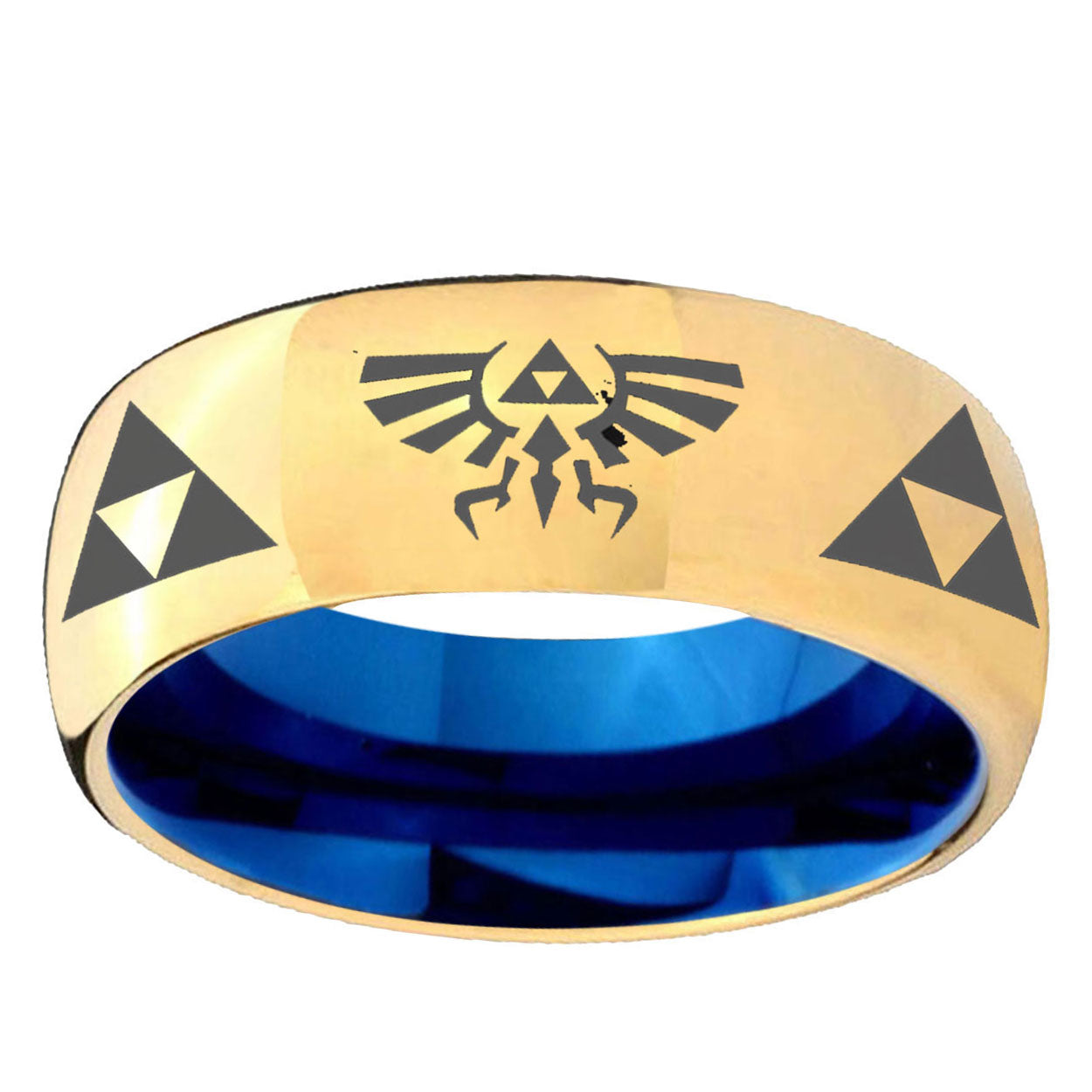 Legend Triforce Zelda Dome Gold Blue Tungsten Wedding Ring
