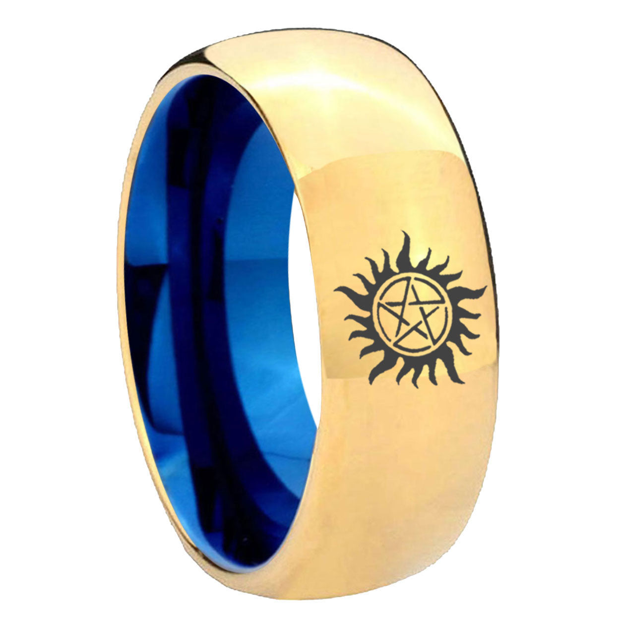 8mm Supernatural Dome Blue Gold Tungsten Mens Ring Wedding