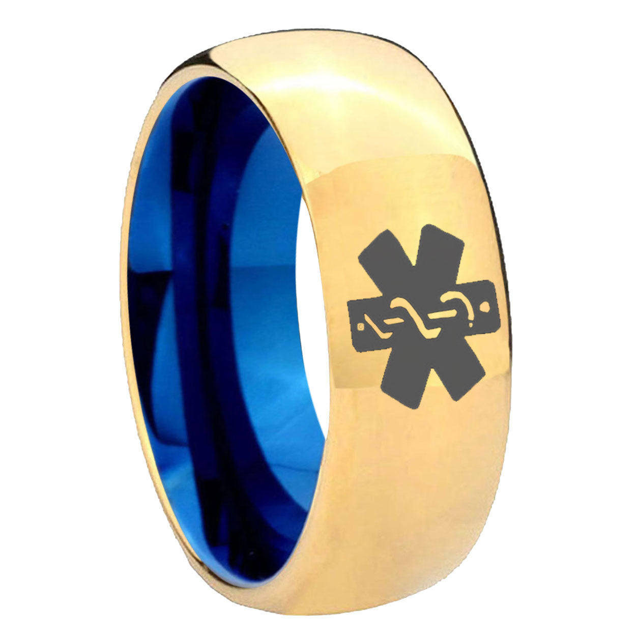 8mm Medical Alert Dome Gold Blue Tungsten Carbide Wedding Ring