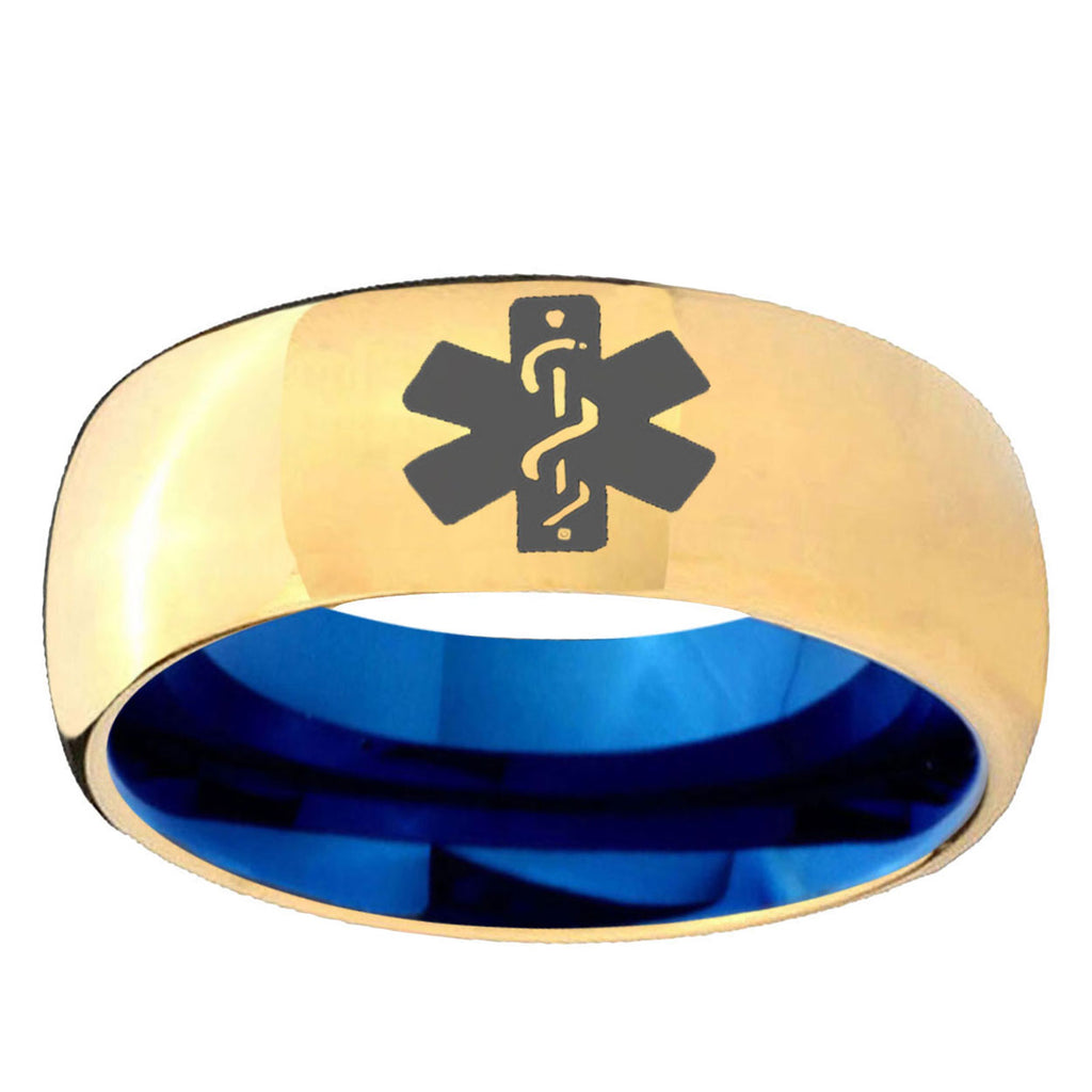 Medical Alert Dome Gold Blue Tungsten Carbide Wedding Ring