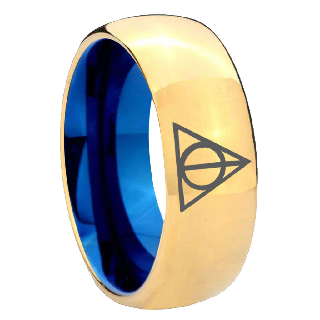 8mm Deathly Hallows Dome Gold Blue Tungsten Wedding Ring