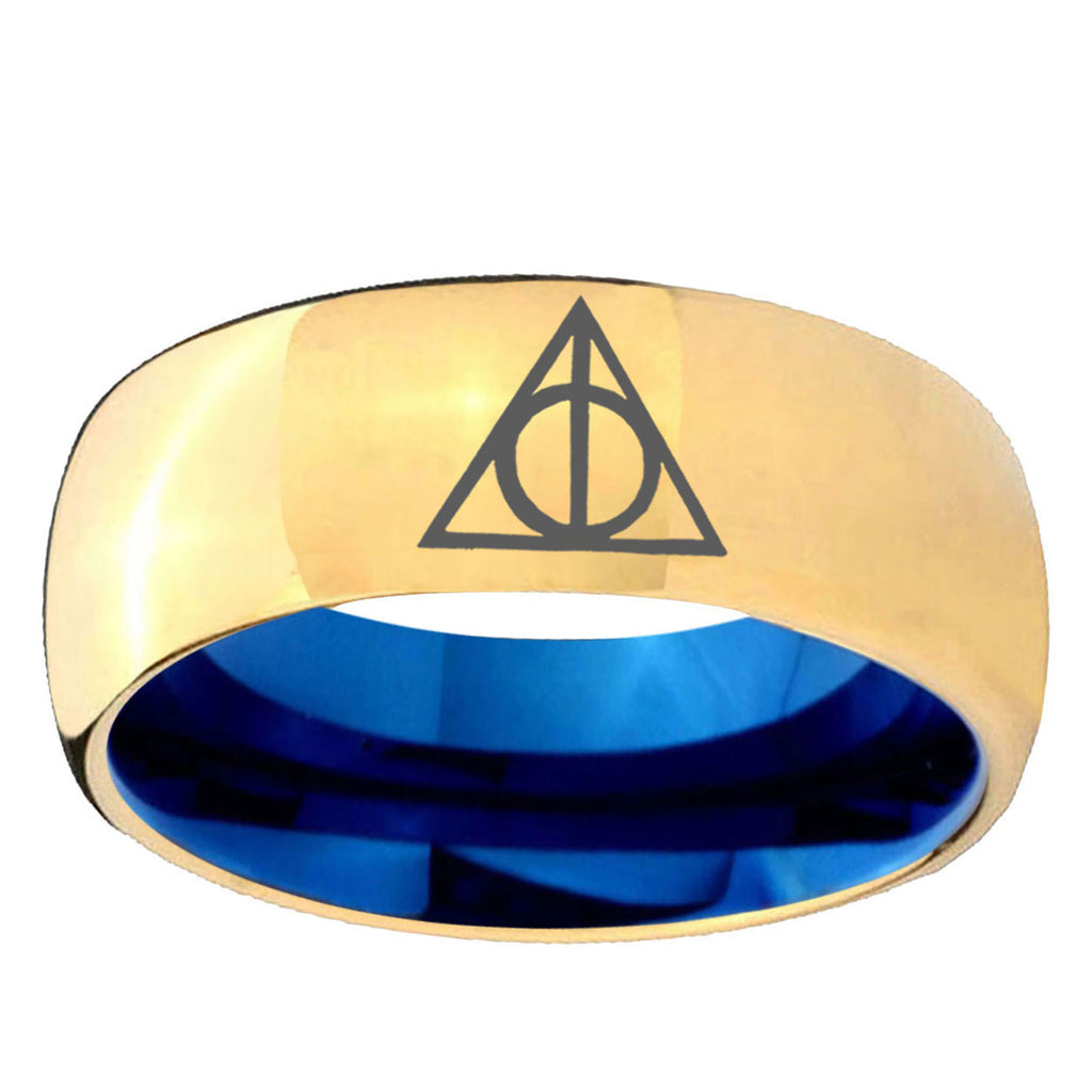 Deathly Hallows Dome Gold Blue Tungsten Wedding Ring