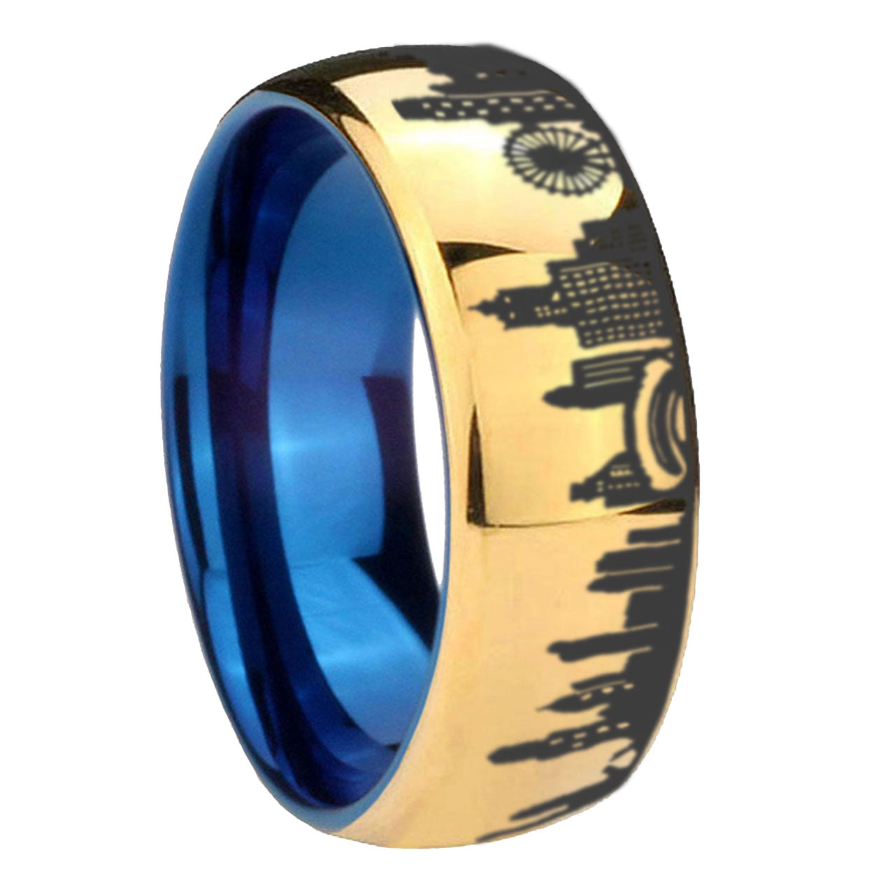 Chicago City Dome Polish Gold Tungsten Blue Plated Ring