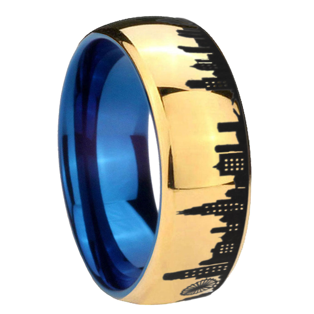 8MM Chicago City Dome Polish Gold Tungsten Blue Plated Ring