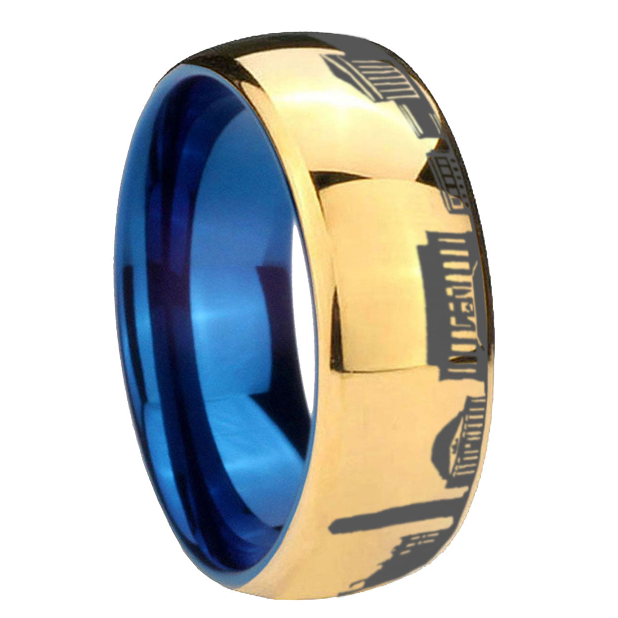 8MM DC Washington City Dome Polish Gold Tungsten Blue Plated Ring