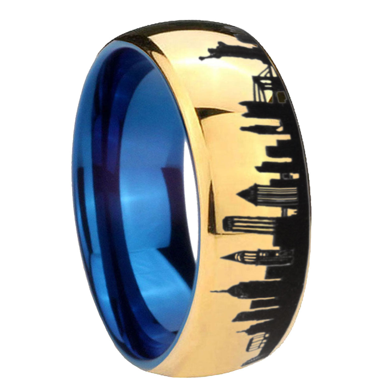 NY New York City Dome Polish Gold Tungsten Blue Plated Ring