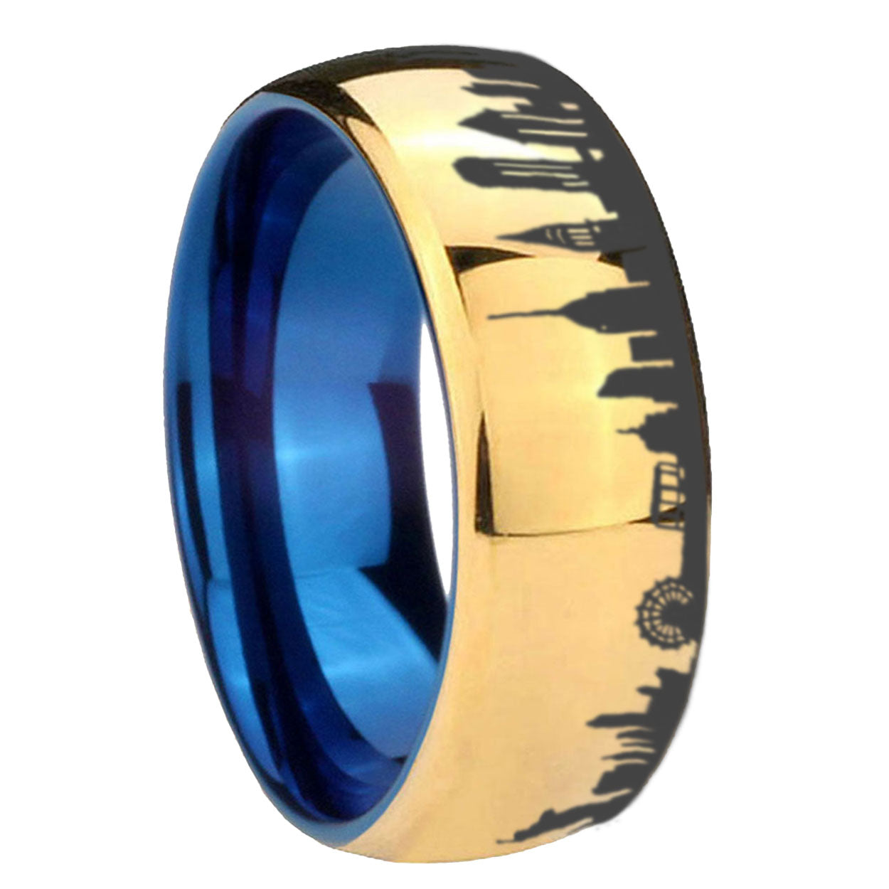 8MM NY New York City Dome Polish Gold Tungsten Blue Plated Ring