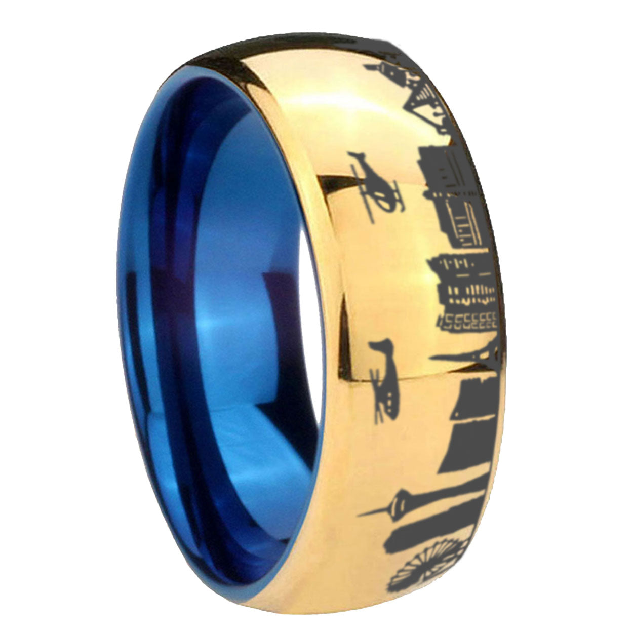 8MM LA Las Vegas City Dome Polish Gold Tungsten Blue Plated Ring