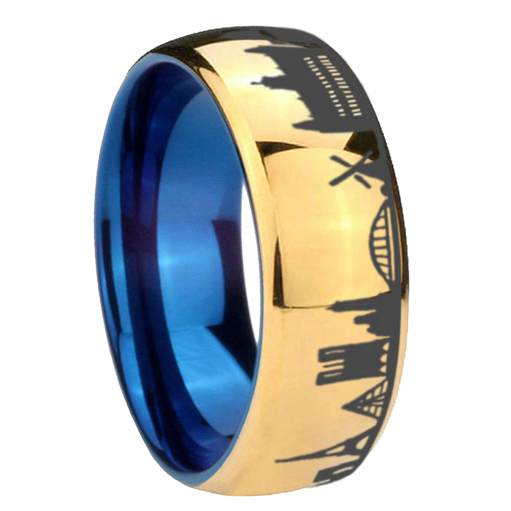 France Paris City Dome Polish Gold Tungsten Blue Plated Ring