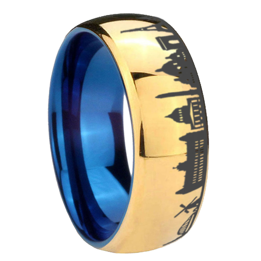 8MM France Paris City Dome Polish Gold Tungsten Blue Plated Ring