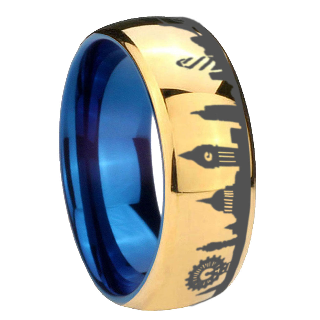 UK London City Dome Polish Gold Tungsten Blue Plated Ring