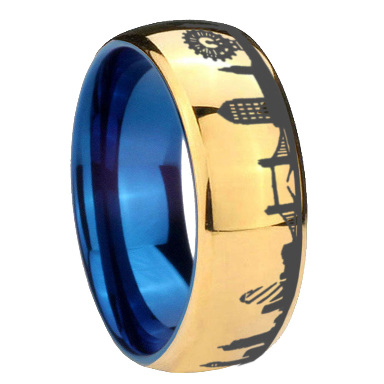 8MM UK London City Dome Polish Gold Tungsten Blue Plated Ring