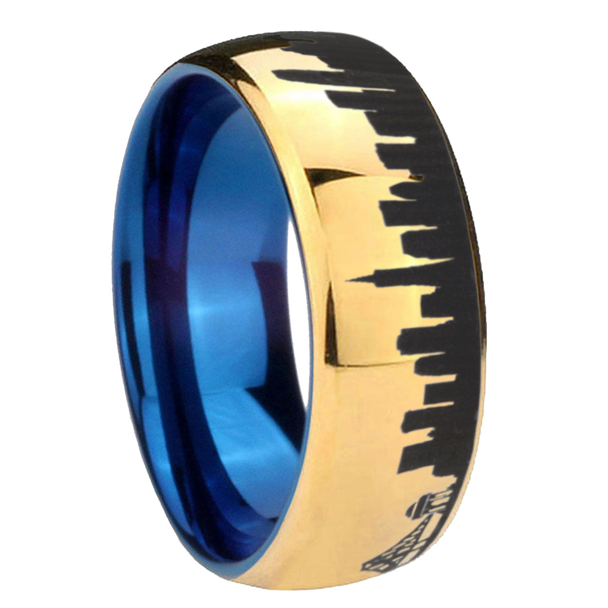 8MM CA San Francisco City Dome Polish Gold Tungsten Blue Ring