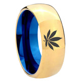 8mm Marijuana Leaf Dome Gold Blue Tungsten Carbide Wedding Ring