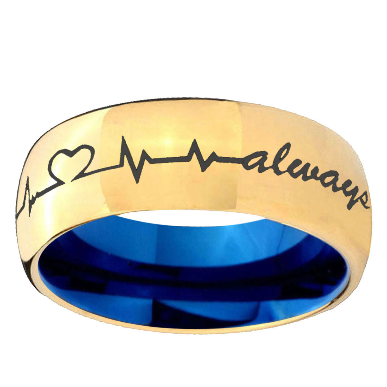 Heart Beat forever Heart always Dome Gold Blue Tungsten Ring