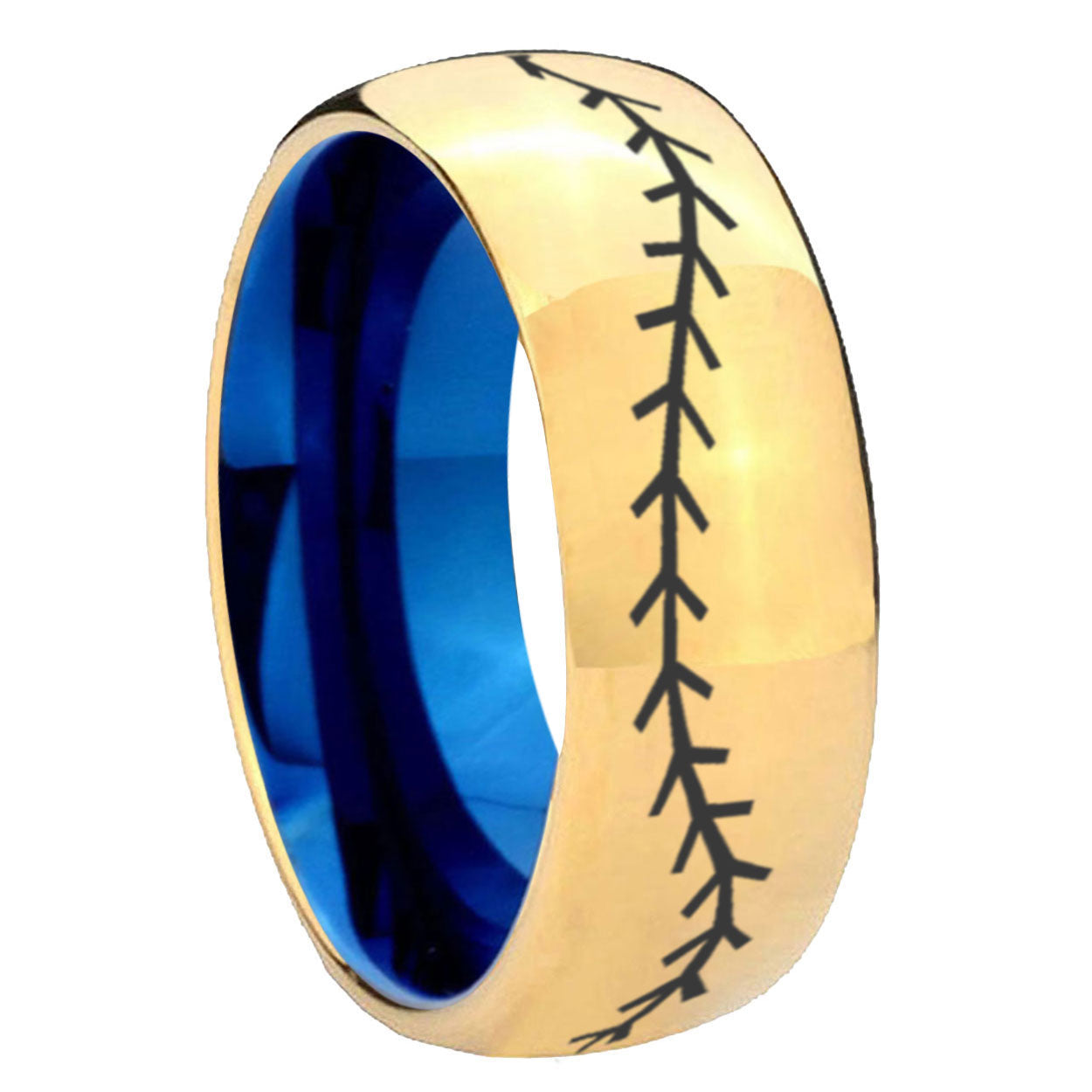 8mm Baseball Dome Gold Blue Tungsten Carbide Wedding Ring