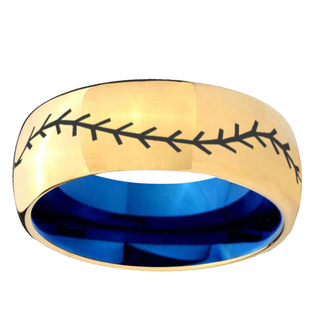 Baseball Dome Gold Blue Tungsten Carbide Wedding Ring