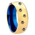 8mm Paw Print Dome Gold Blue Tungsten Carbide Wedding Ring